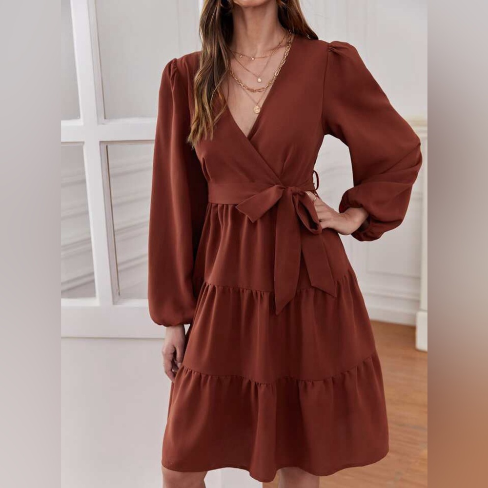 SHEIN Unity Surplice Neck Lantern Sleeve Ruffle Hem Belted Dress